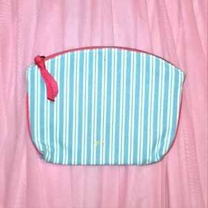 NEW Ipsy makeup bag; blue pinstripe canvas; hot pink & gold accents; pink lining
